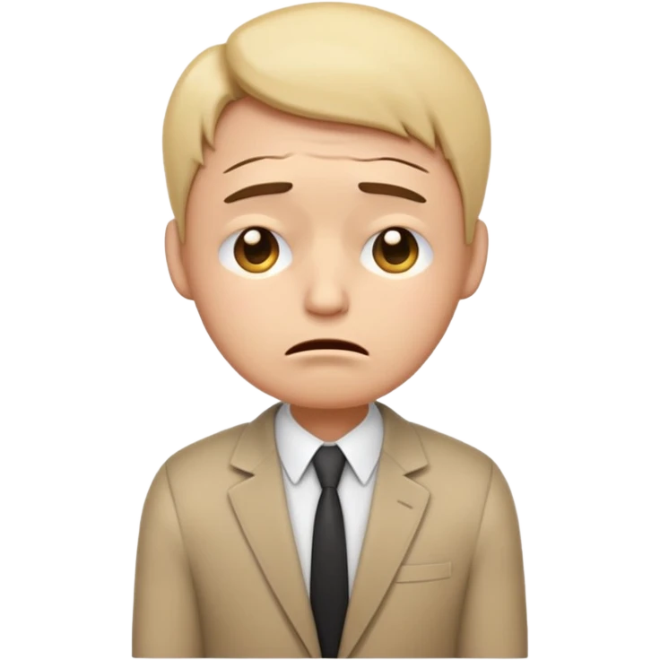  emoji character wearing a interview clothoes. face has a very sad crying, disappointed expression with drooping eyebrows and half-closed eyes. posture is dejected, with slumped shoulders just rejected from his interview to get a job, holding CV. dont make it old person. emoji