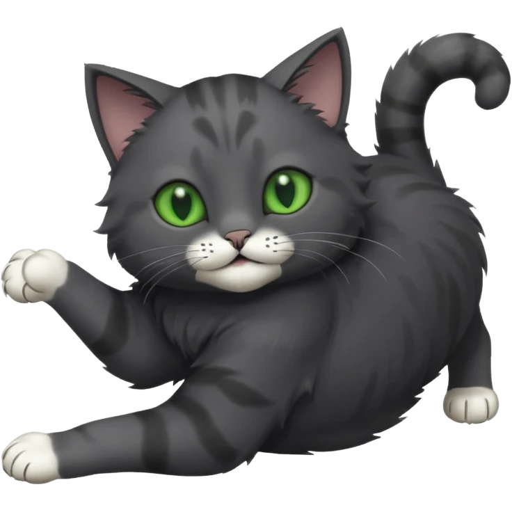 solid dark grey cat with green eyes, completely solid grey face, white toes/paws playfully rolling upside down emoji