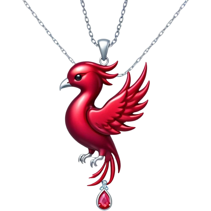 phoenix-inspired ruby pendant with cosmic aura, deep red glow, silver chain undulating like water emoji
