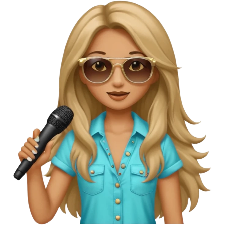 long haired woman with summer clothes and sun glasses holding microphone emoji