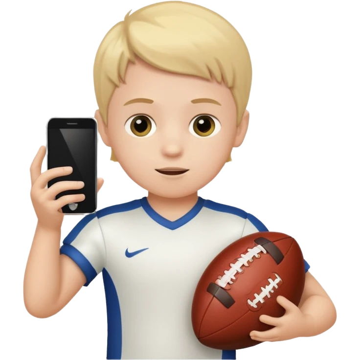 A white child is holding a phone and playing football at the same time. emoji