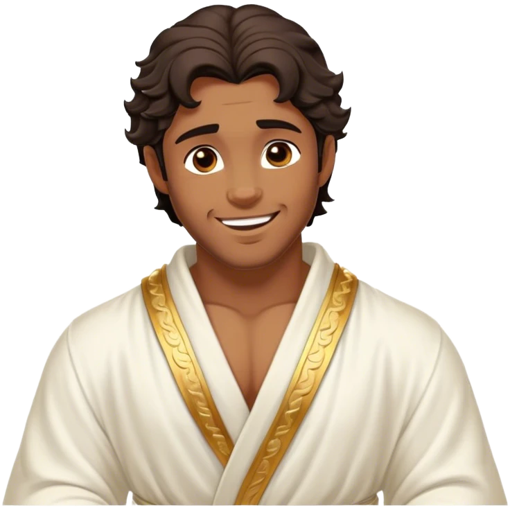 Cinematic Realistic Hercules Portrait, head tilted playfully and inquisitively, capturing the spirit of a timeless Greek hero with a warm, inviting smile. His bronze, marble-like skin and thick, wavy dark hair are rendered with classical precision, while his flowing white robe with delicate golden embellishments accentuates his muscular form. Soft natural light brings out the playful yet powerful essence of this legendary figure. emoji