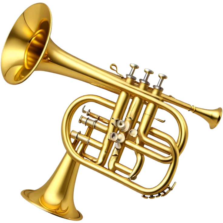 Create a professional and polished emoji representing the Brahner trumpet. The design should showcase the shiny brass body of the trumpet, with its distinct valves and bell. Highlight the smooth curves of the tubing and the elegant flared bell at the end. The valves should be visible with their metal buttons, and the mouthpiece should be positioned at the top of the instrument. Use bright gold and brass tones with reflective light effects to emphasize the trumpet’s polished, high-quality finish. Add subtle musical notes around the trumpet to evoke its bright, bold sound. The background should be transparent. emoji