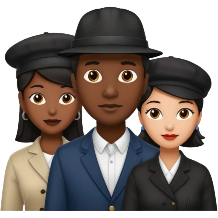 Black man with fitted hat on  with two women one black one Chinese  emoji