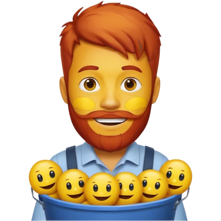 Man with red beard carrying bucket of yellow smiley face emoji