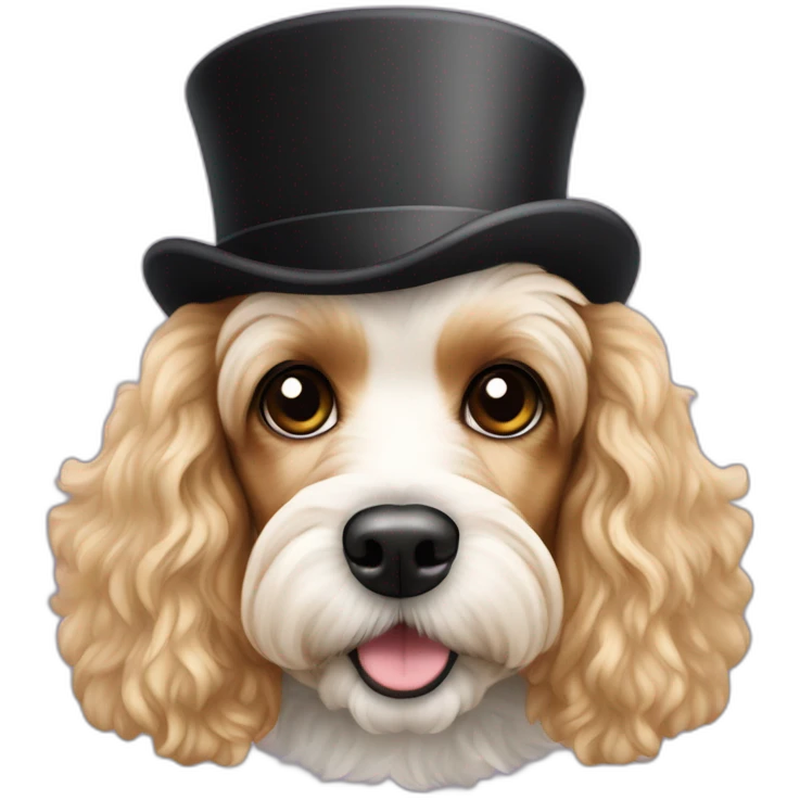 Blond Cavalier spaniel poodle Maltese mix with a top hat emoji