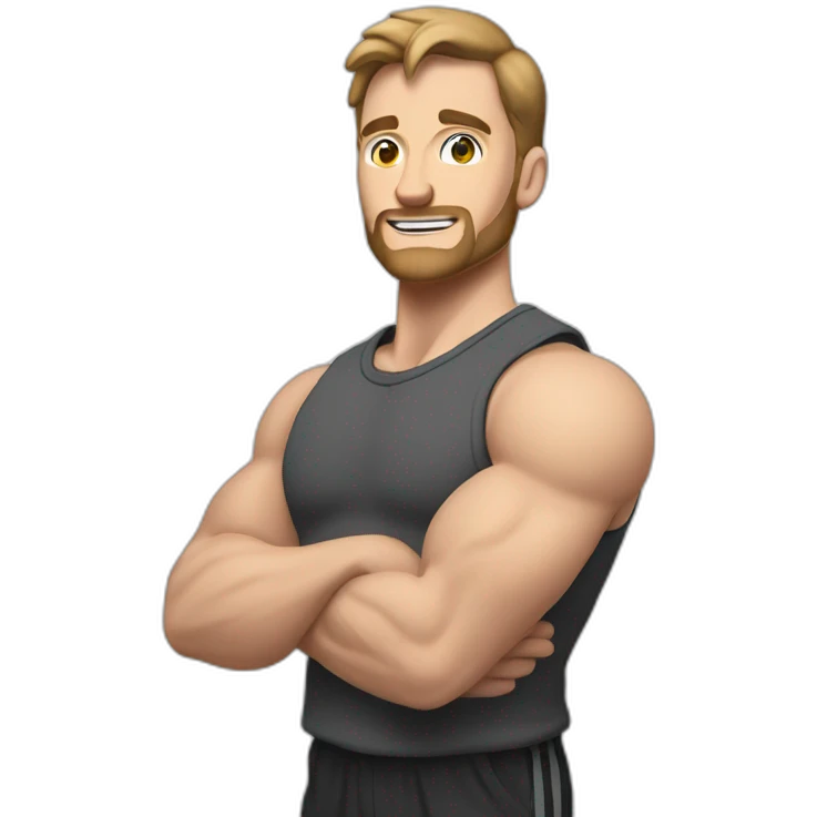 Close up Actively gesturing  with hands Pale skinned Fit Man With the biceps and brown hair in dark gray Sleeveless Mike, black oversize sports shorts, watch and white Sneakers emoji