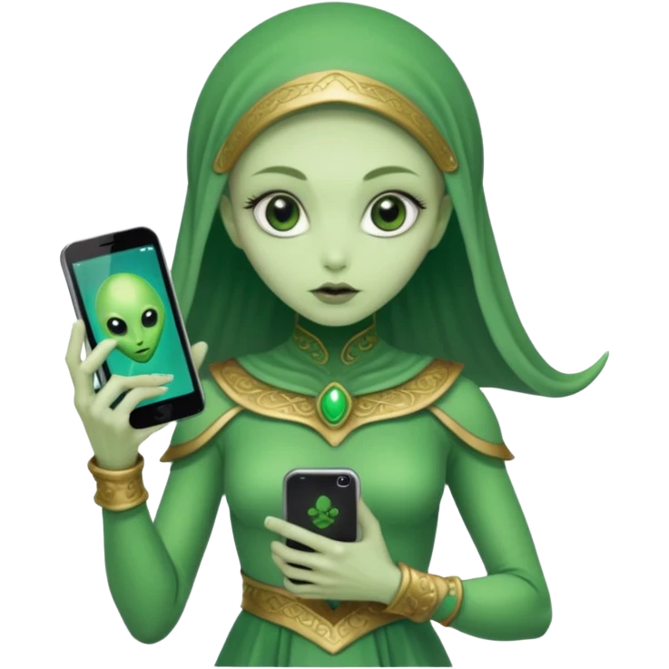 alien with persion crawl custome dress and smartphone emoji