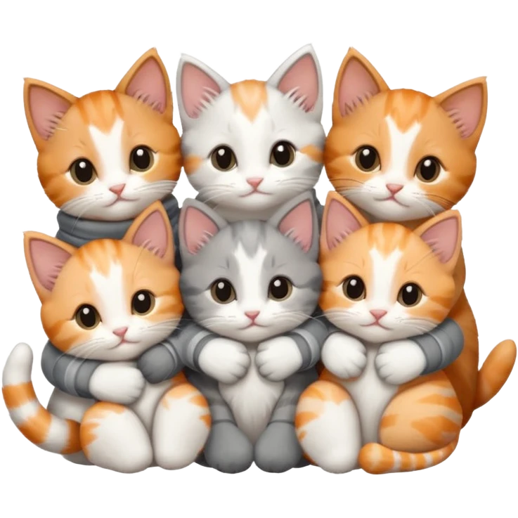 6 tiny kittens cuddling together all various different natural colours including solid grey with white mittens, grey and white, ginger and white, calico, and brown and white emoji
