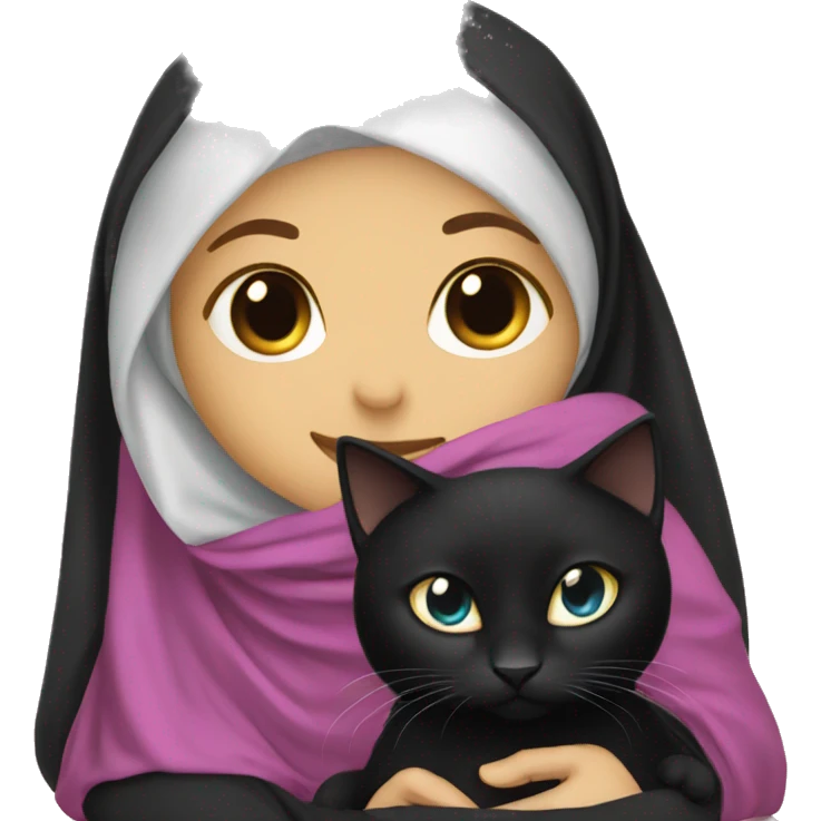 Black cat sitting in Emo girls lap with hijab emoji