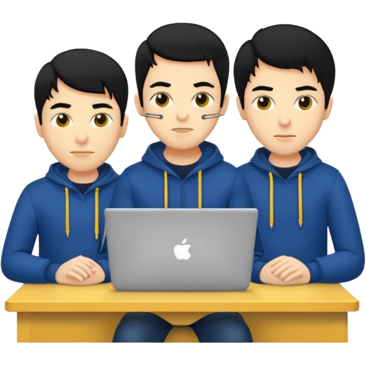 technologist using laptop coding with 2 other technologist three of it is man skin color yellow that using 3 laptop the hair is black and the cloth is dark blue emoji