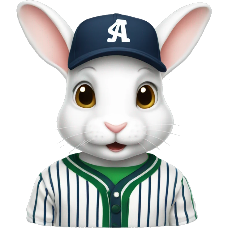White rabbit wearing white and green stripe sweater and navy baseball cap emoji