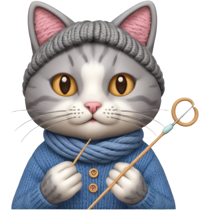 knitting cat portrait, head and shoulders only, cute cat holding knitting needles and yarn, cozy expression, warm handmade vibe, 3D cartoon style, mobile game icon style, clean background, no text, no watermark
 emoji