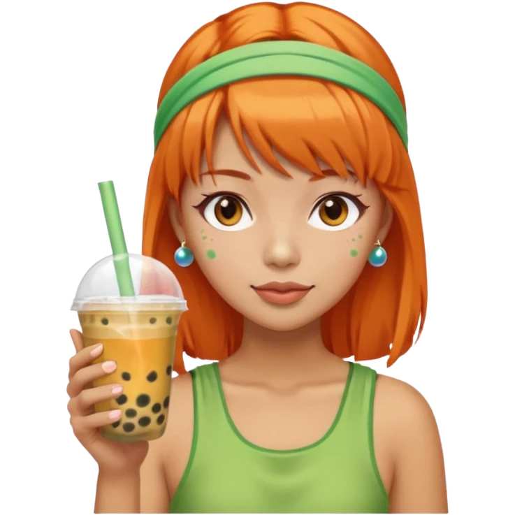 Create an emoji of a woman with orange hair, bangs, and a green headband, holding a cup of bubble tea. emoji