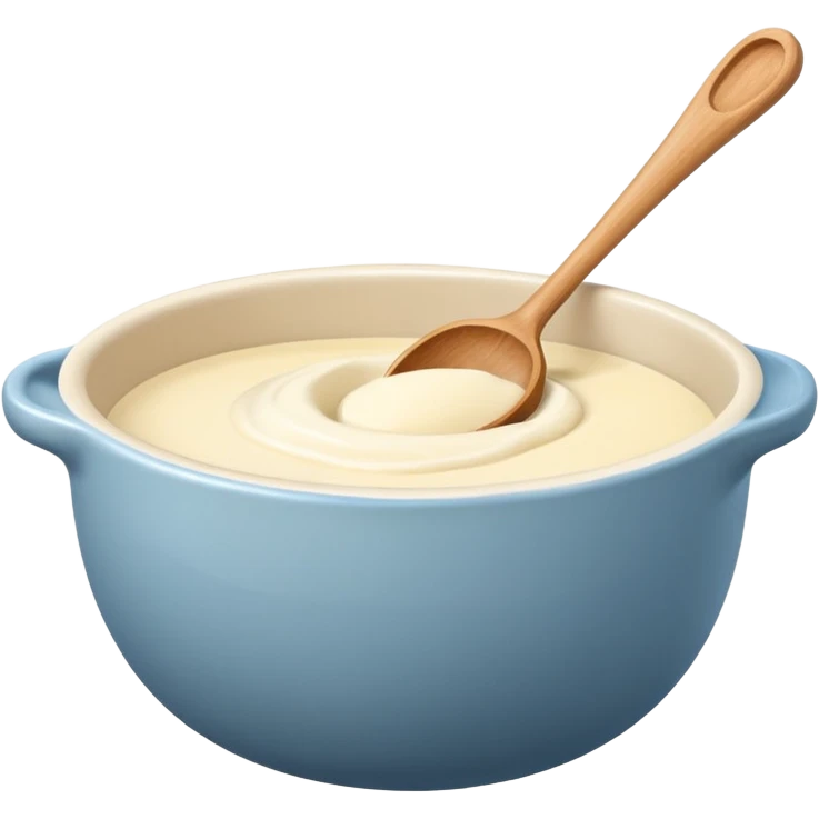a cream ceramic mixing bowl with a wooden spoon stirring emoji