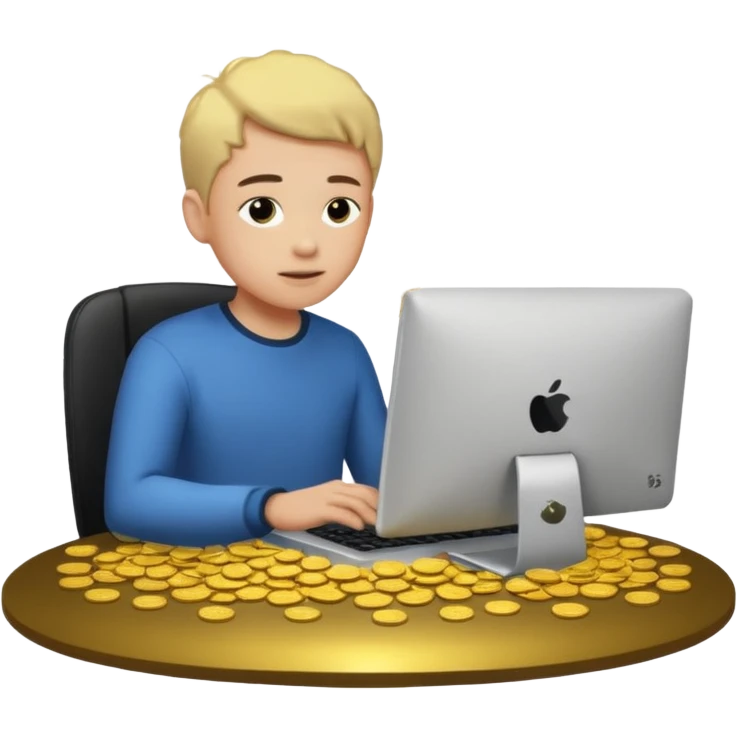 sujeto en su computadora con particulas de dinero alrededor emoji