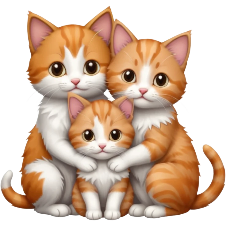 3 tiny kittens cuddling together all different colours, the first one is grey and white, the second is ginger and white and the third is brown tabby and white emoji