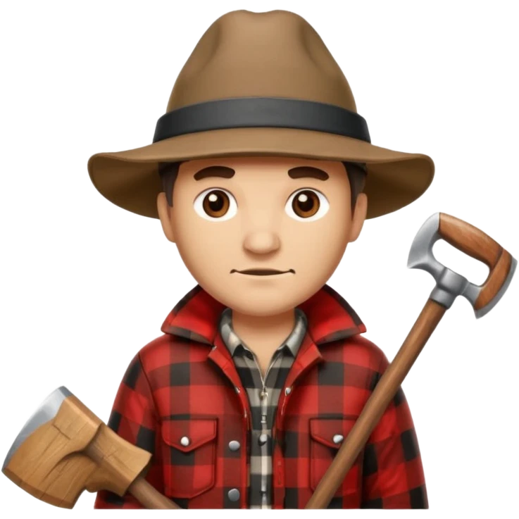 Man wearing buffalo plaid jacket and hat, with an 🪓  emoji