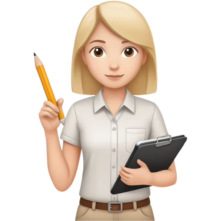 intern or volunteer holding a clipboard and pencil, ready to take notes or assist. The character wears a simple shirt and has an eager posture emoji