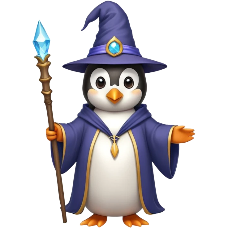 Penguin wearing wizard hat and robe holding a magic wand emoji
