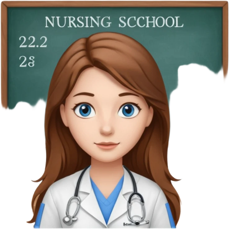 inside a classroom at university that says nursing school on the board with a pretty female nursing student with long brown hair, blue eyes emoji