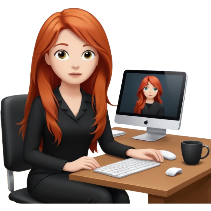 Video call therapy session: red-haired therapist with long hair wearing black minimalist clothing, seated in a professional home office, looking at the webcam; calm, modern teletherapy setting emoji