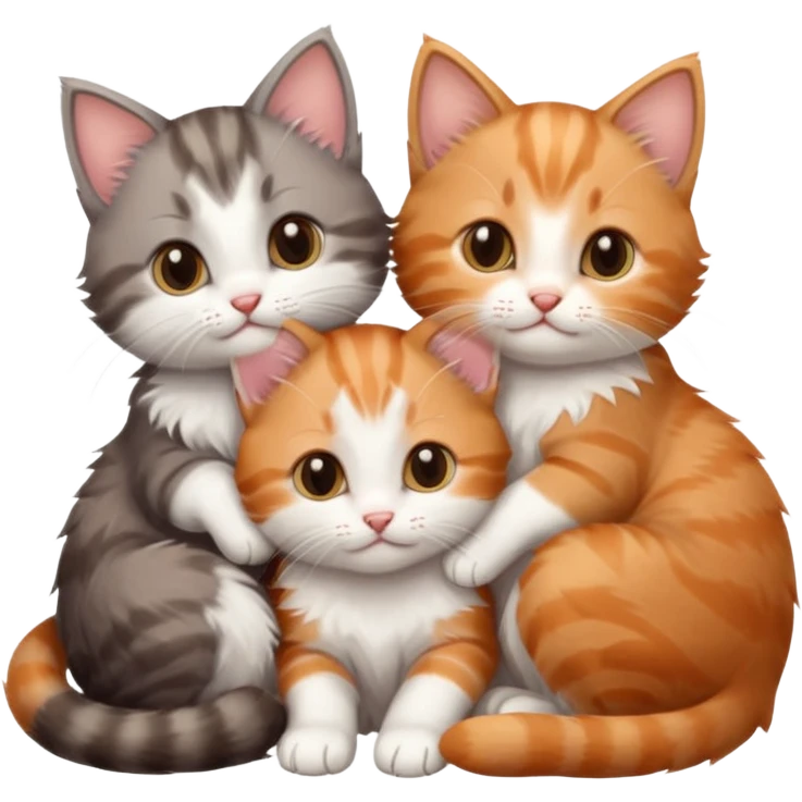 3 tiny kittens cuddling together all different colours, the first one is grey and white, the second is ginger and white and the third is brown tabby and white emoji