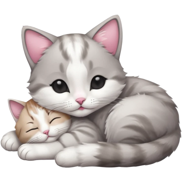 1 grey and white small cat with its eyes closed lying down leaning on its elbow with its paw curled under his head holding it up emoji