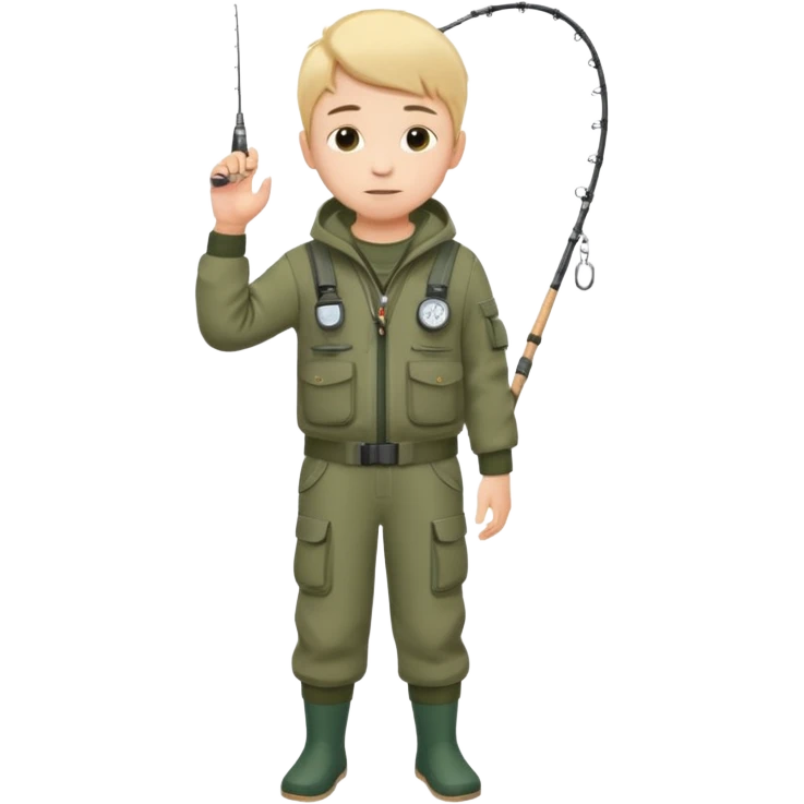 Boy in fishing suit looking at his wristwatch, full body emoji