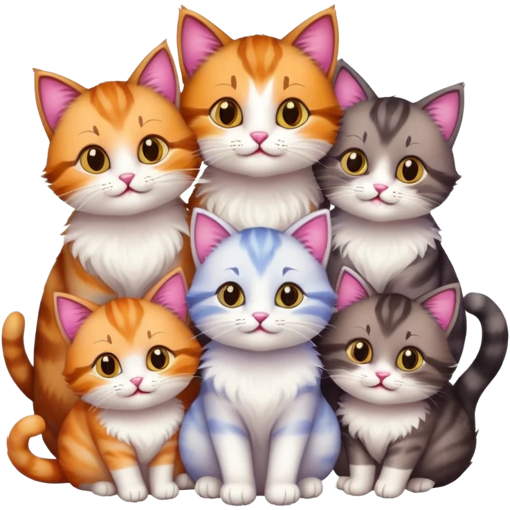 mama cat and papa cat with four happy kittens emoji