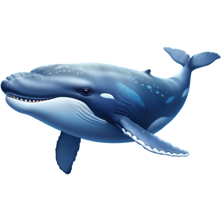 Cinematic Noble Humpback Whale Portrait Emoji, Poised and grand, with an enormous, barnacle-speckled blue-gray body, soulful, wise eyes, and a deeply serene presence, Simplified yet sharp and sophisticated features, highly detailed, glowing with a soft oceanic radiance, high shine, intelligent and powerful, stylized with an air of deep-sea mystery, focused and regal, soft glowing outline, capturing the essence of a legendary giant of the ocean that appears ready to glide majestically through the waves with effortless grace! emoji