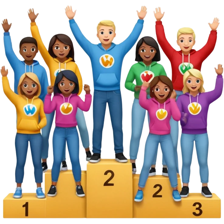multi-racial group on an un-numbered winners’ podium, middle step higher, all in colorful jeans, t-shirts, and hoodies, excited, fun, expressive emoji style emoji