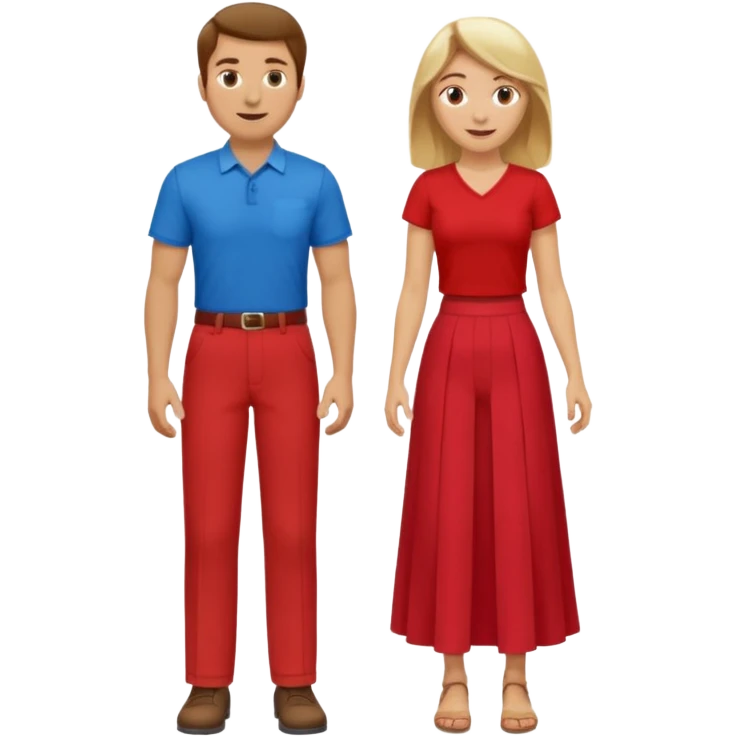 Two people dancing. Man in red shirt and  red pants with brown hair. Women in blue shirt and long skirt with blond hair. Having fun. emoji