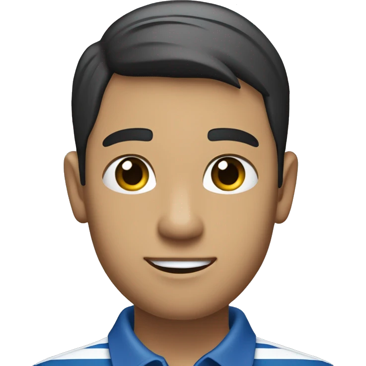 The person in the image is a young man with short, dark hair. He is wearing a blue polo shirt with white and blue stripes on the collar and sleeves. He has his arms crossed and is wearing a black watch on his left wrist. The background is plain white. emoji
