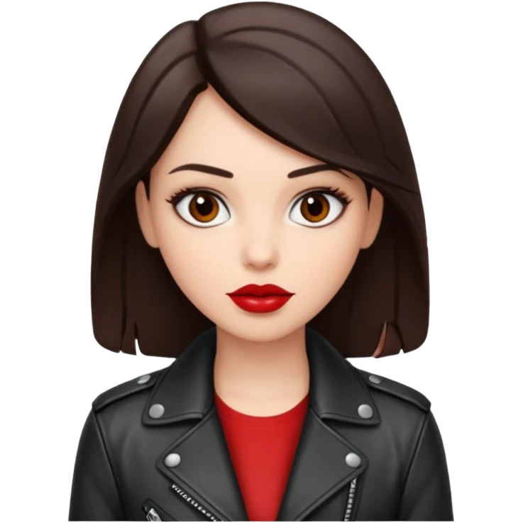 brunet in cuir jacket with red lips and black brown eyes emoji