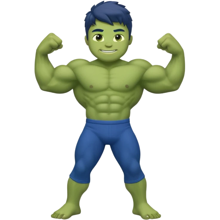 Kid Hulk flexing arms, full body, long blue pants, and smiling emoji