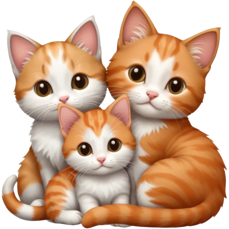 3 tiny kittens cuddling together all different colours, the first one is grey and white, the second is ginger and white and the third is brown tabby and white emoji