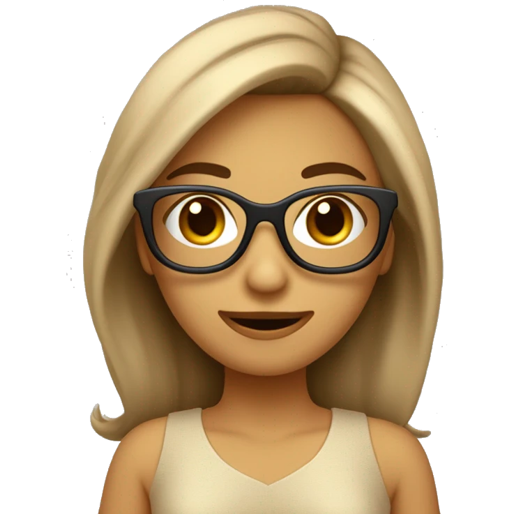 Chica con pelo castaño rizado longitud mediana. Con gafas beige. Sonriente y con vestido. emoji