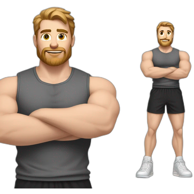 Close up Actively gesturing  with hands Pale skinned Fit Man With the biceps and brown hair in dark gray Sleeveless Mike, black oversize sports shorts, watch and white Sneakers emoji