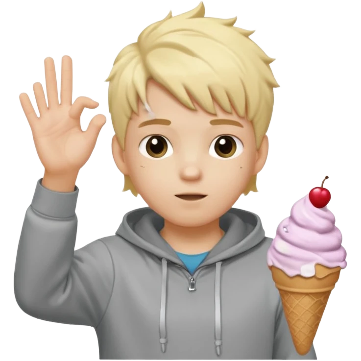 a white kid with a ice cream hairstyle blone hair with a grey hoodie and his above his hands saying 67 one 6 on 1 hand 7 on the other emoji