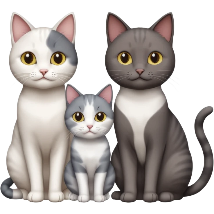 4 different coloured short haired cats including; a dark brown and white cat, and a dark grey and white  emoji