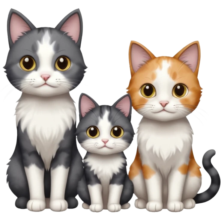 3 different coloured small cats including a dark grey and white, and a patchy calico and a completely solid dark grey with only white paws emoji