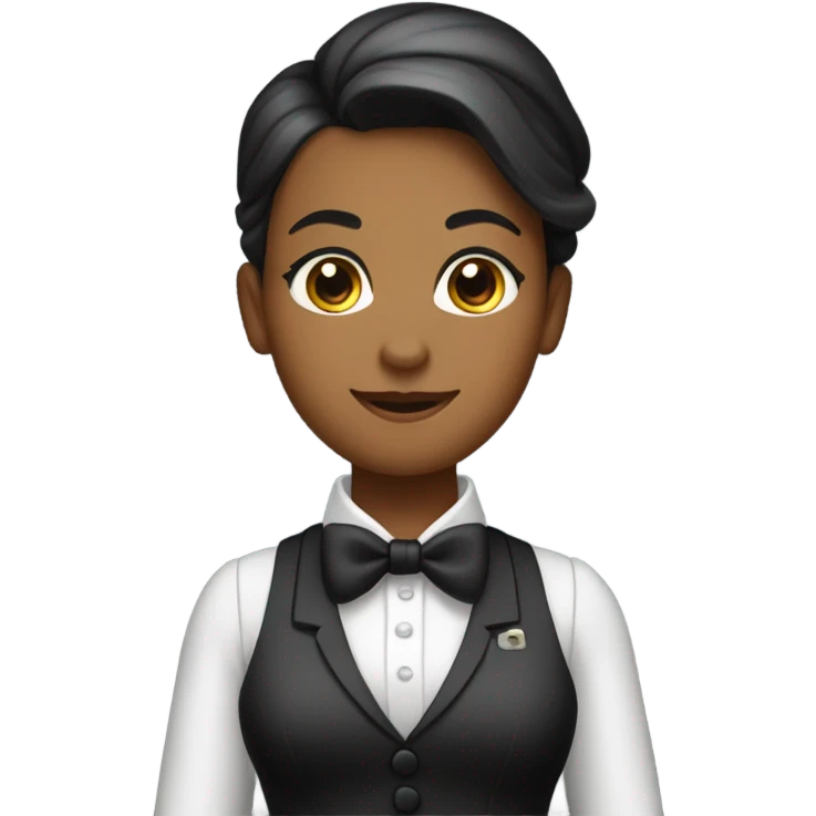 a female butler with a professional and elegant demeanor. She has her hair neatly tied in a ponytail and wears a classic butler uniform, including a tailored vest, crisp white shirt, and bow tie. emoji