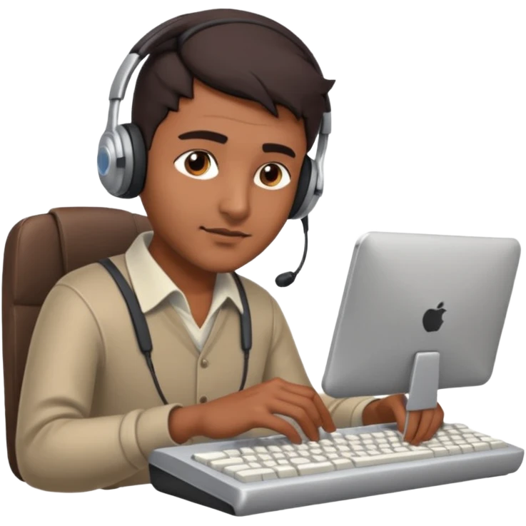 Indian man with headset, typing on a keyboard, subtle sly look emoji