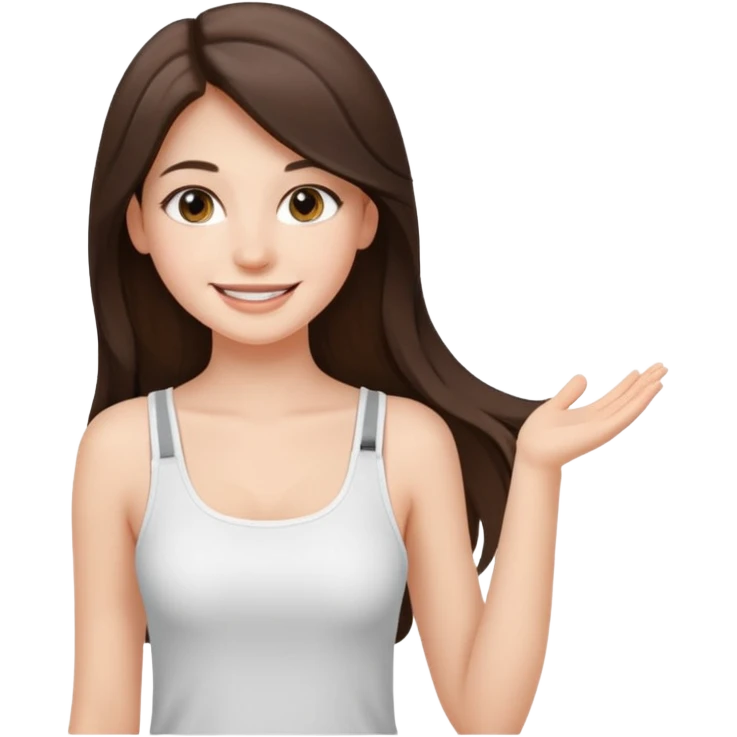 a pretty bratz fair girl with straight brunette long hair, middle partition. wearing a white thin strap trap tank top, smiling, wearing light makeup. very pretty. emoji