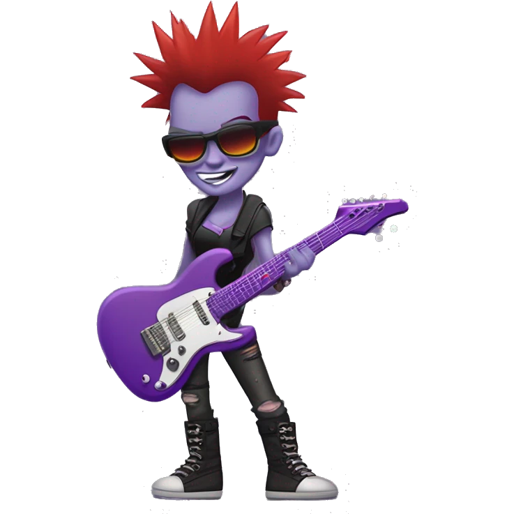 "Purple-skinned punk rock character with red mohawk hair, a mischievous grin, and edgy style. Holding a spiky electric guitar, wearing leather cuffs, ripped clothes, and fishnet stockings. Background is simple or transparent." emoji