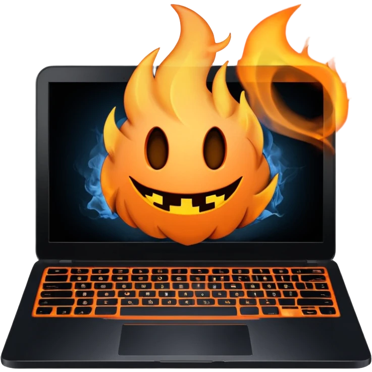  burning laptop with "malwarebytes" logo emoji