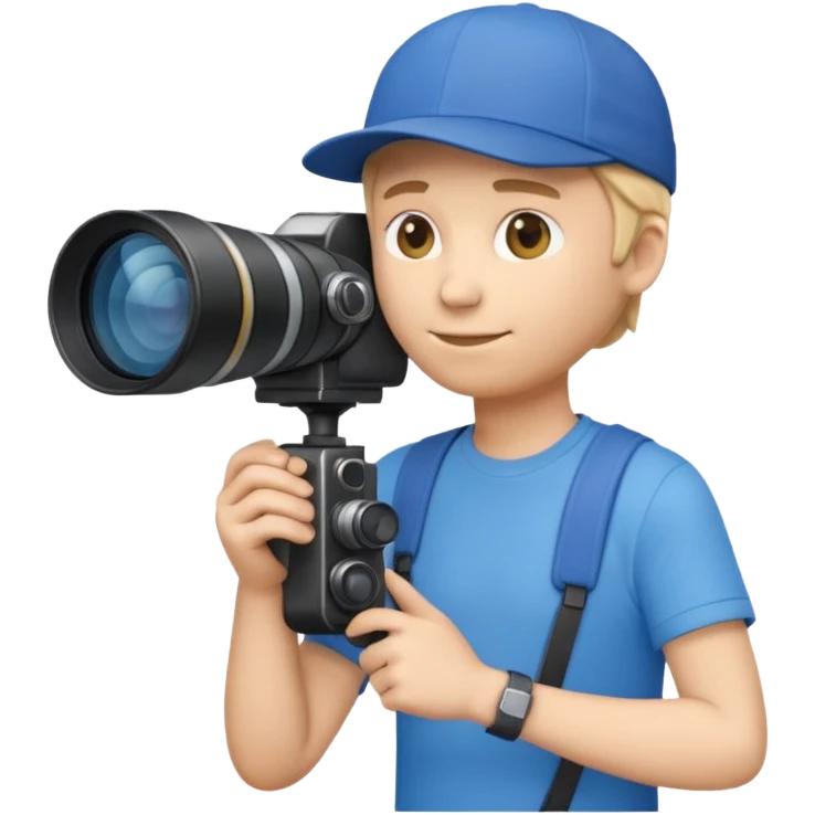 3D emoji-style icon of a photographer in side profile, wearing a blue cap backwards and a blue t-shirt, holding a professional camera with a long telephoto lens emoji