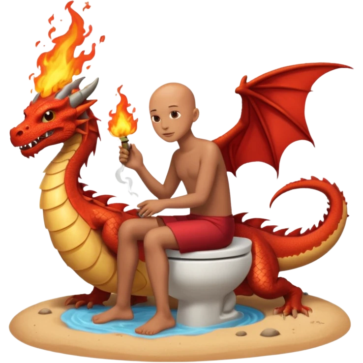 Una persona sin pelo sentada en un vater en una isla de sierta con un dragón escupiendo fuego emoji