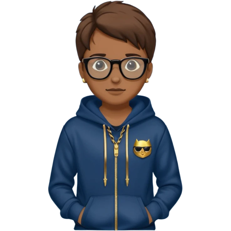 Brown hair with black glasses and lends have black and a dark blue hoodie that says caylus kingdom with black pants and a gold chain  emoji
